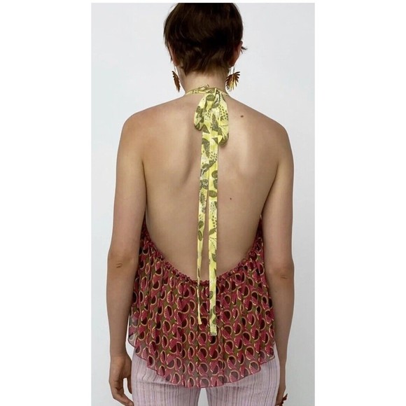 ZARA PRINTED HALTER TOP SIZE L Chiffon Hippie Peplum Layered low cut back Multi - Picture 4 of 12